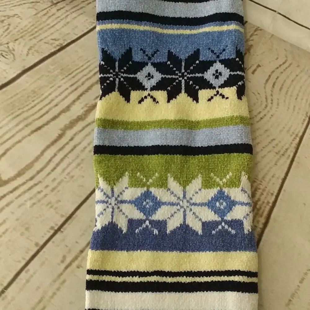 Multicolored Snowflake and Striped Scarf With Pom Poms Detail